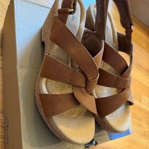 Clarks Tan Cork Wedge Sandals Giselle Beach 9.5 M